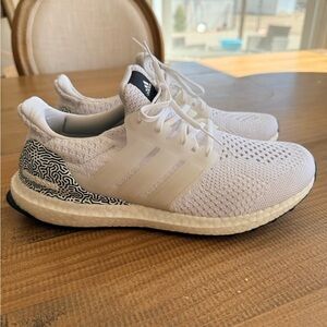 adidas White Knit Ultra Boost Sneakers with Black Patterned Heel